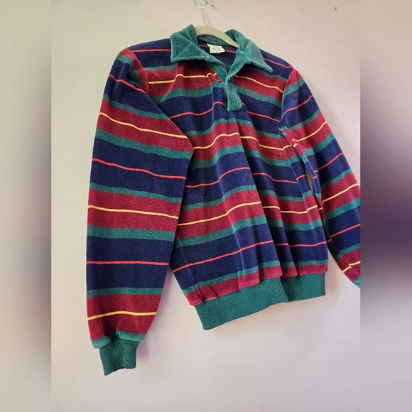Vintage 70s Campus Velour Striped Polo Shirt - Men’s Large - Retro Mod - Picture 2 of 6